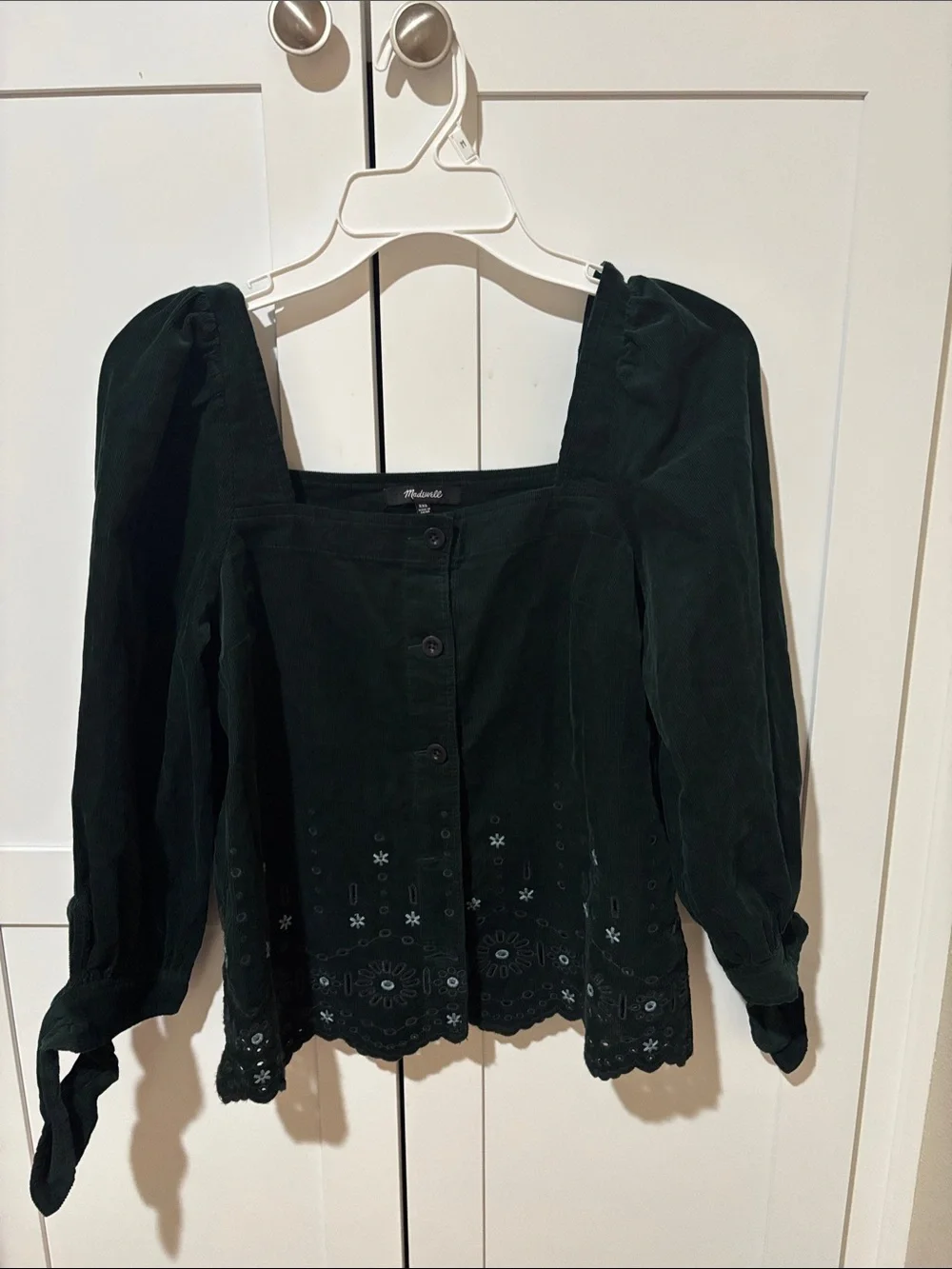 Madewell Embroidered Eyelet Corduroy Tie-Sleeve Top Blouse Dark Palm